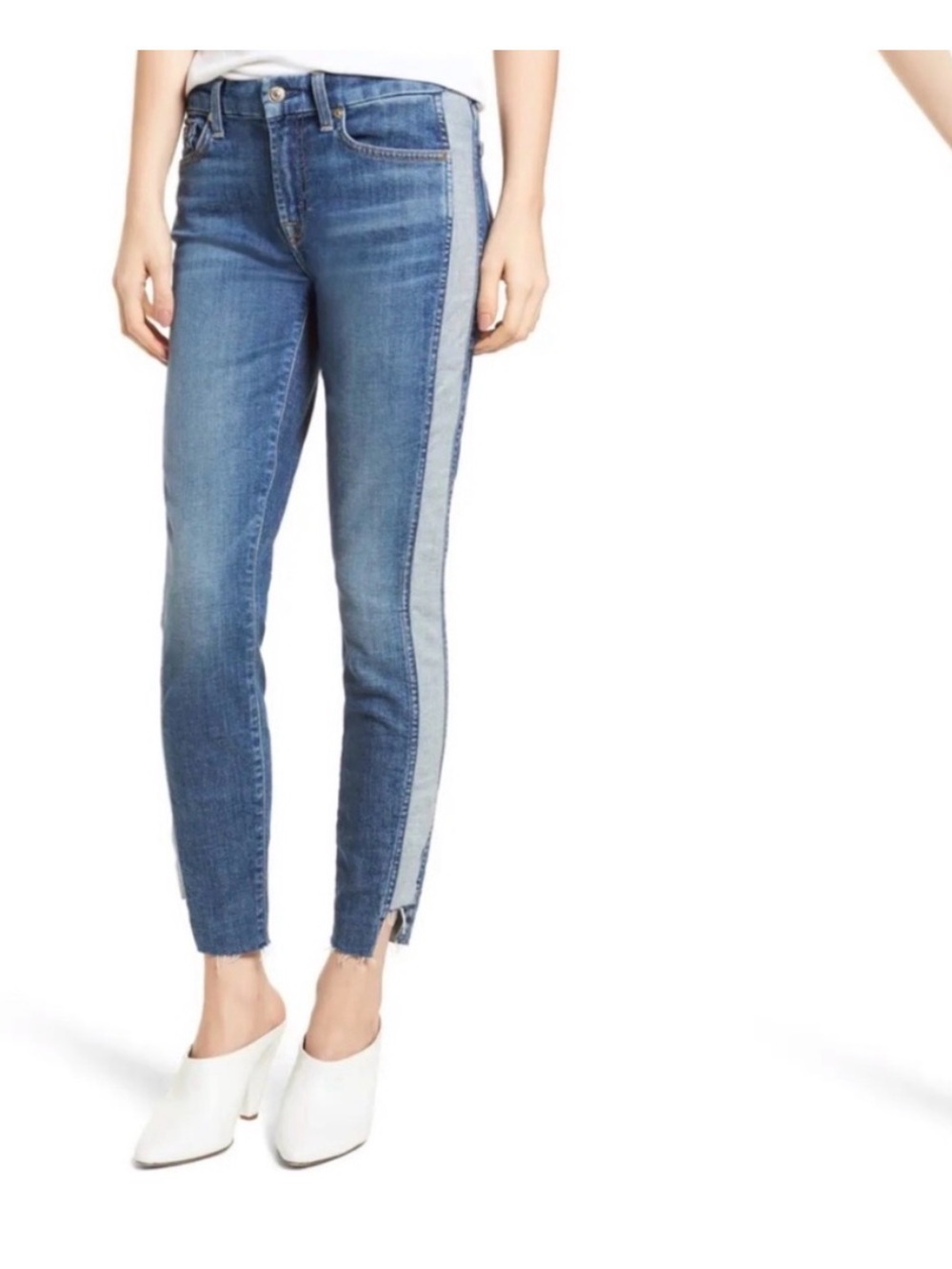 7 For All Mankind Two-Tone Side Stripe Skinny Jeans - Blue